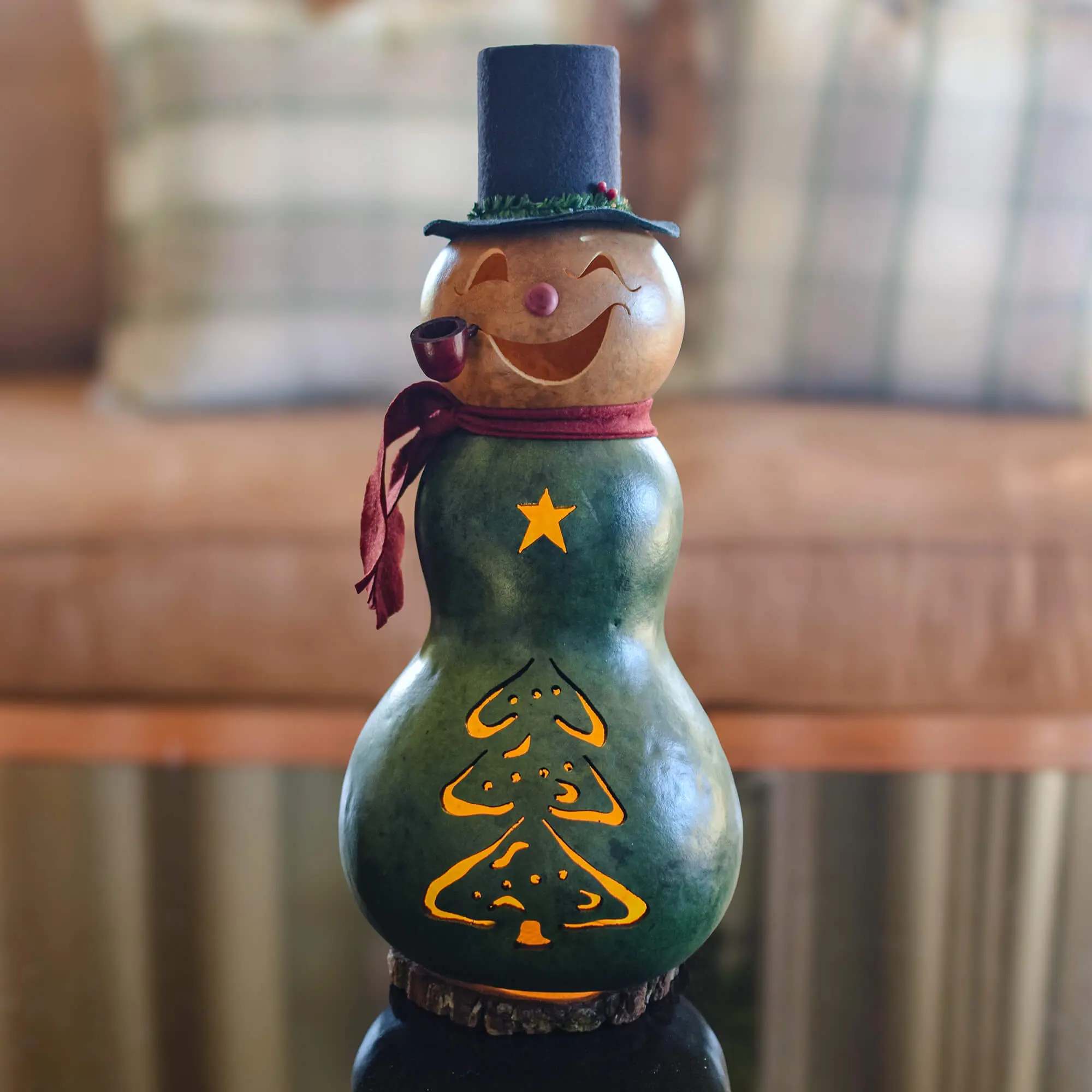 Hand-Crafted Snowman Gourd Luminary - Pinewood Large Lit