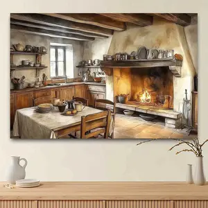 Rustic Kitchen Polyester Photo Backdrop Banner, 1pc Vintage Stone Wall Design - 149.86x99 Size, Summervibes Cozy Atmosphere for Birthday - Home & Festive Party Supplies