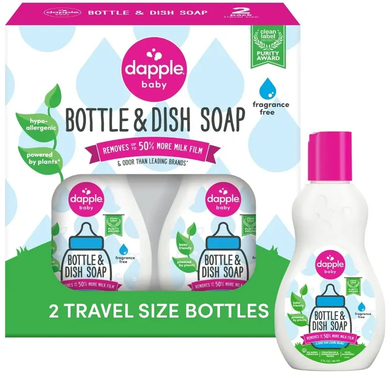 Dapple Baby Bottle Soap, Hypoallergenic Dish Soap for Baby Bottles, Powered by Plants, Travel Size, Fragrance Free, 3 Fl Oz (Pack of 2)