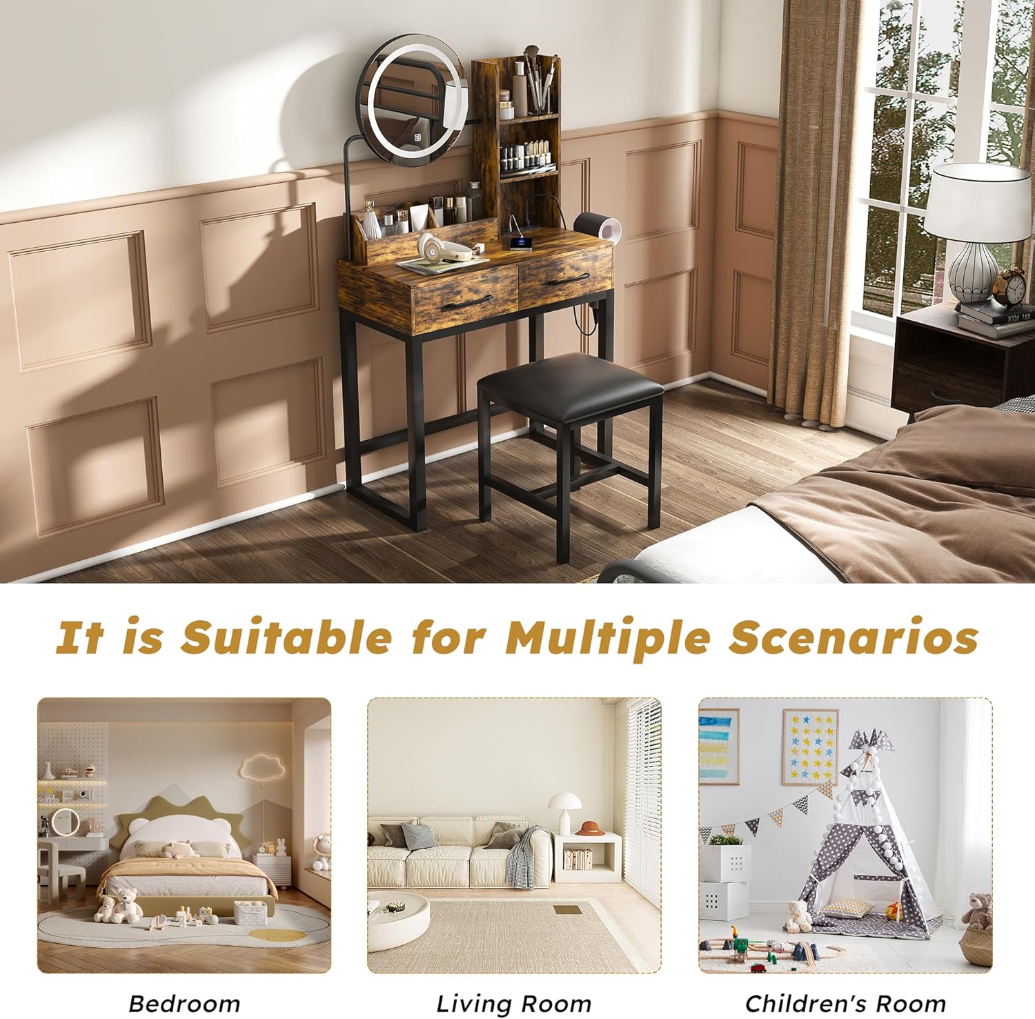 Small Makeup Vanity Desk with Large Mirror and Lights, Vanity Table with 2 Storage Drawer & Open Shelves, 3 Lighting Colors,LED Mirror Adjustable Brightness Brown Makeup Vanity