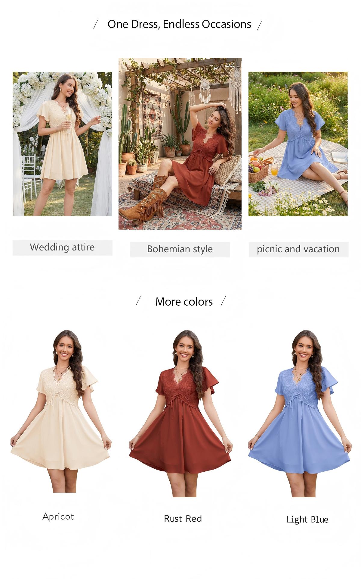 Florboom Women's Floral Lace Boho Deep V Neck Mini Dress Flutter Short Sleeve A-Line Flowy Dresses Perfect for Family Pictures,Wedding Guest, Bride, Baby Shower, Easter, Church