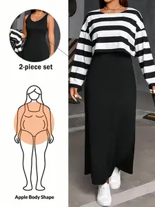 Plus Size Women's Fashion Casual Loose Striped Top with Solid Color Dress Two-Piece Set, Comfortable and Stylish for Daily Wear