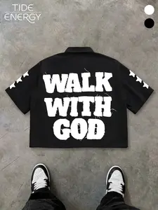 Men's Loose Fit Button-Up Shirt with Graphic Star Print Sleeves, Breathable Casual Streetwear Top, Trendy Bold Font Design for Daily Wear