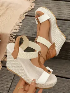 Grass-woven wedge sandals for women, stylish summer wear, outerwear. White strap design, thick sole, height increase, waterproof platform, one-piece sandals, beach shoes, Fashion