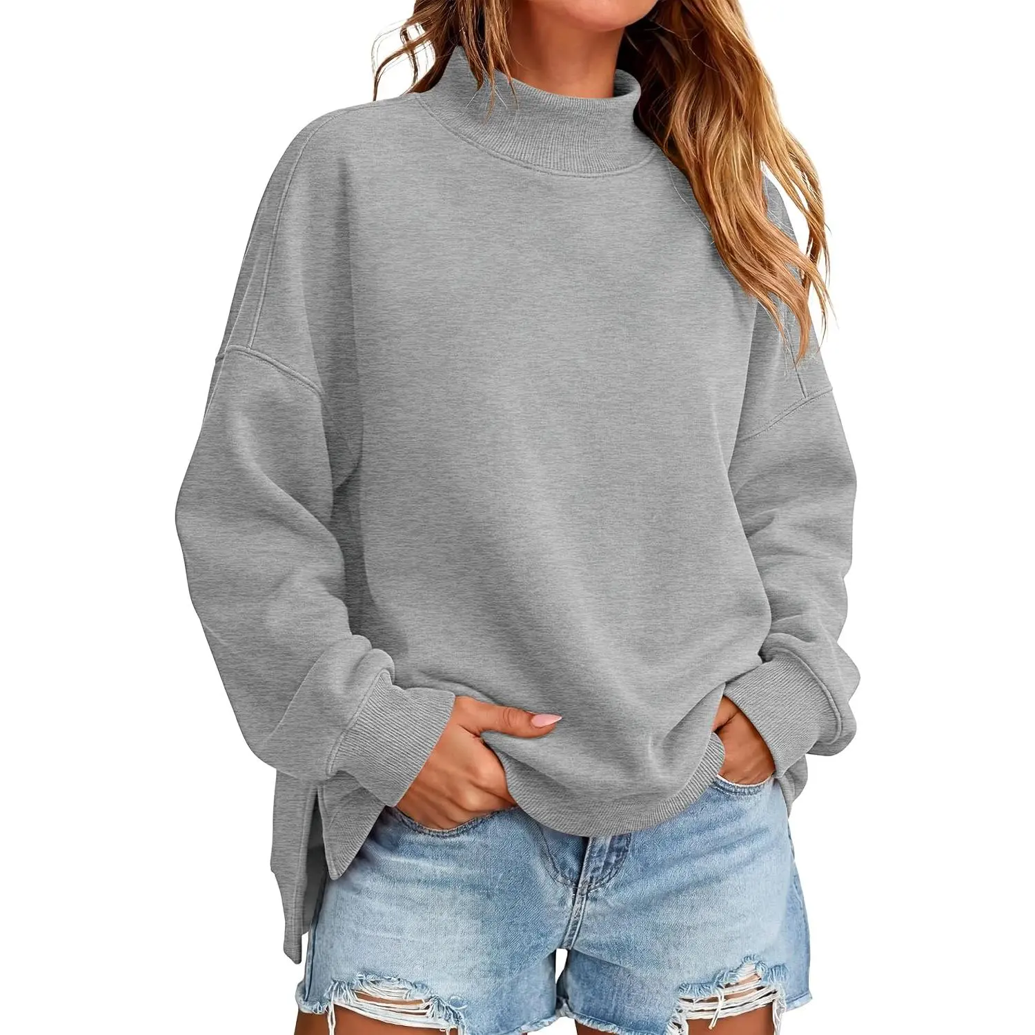 ANRABESS Womens Oversized Mock Neck Sweatshirts | Pullover Side Split Long Sleeve Tops Loose Fit, Soft Warm Cozy, Everyday Work Casual Outfit, Fall Winter Clothes Basic Breathable