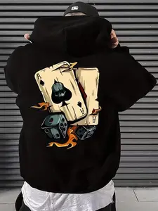 Men's Black Pullover Hoodie Ace of Spades & Dice Graphic Dark Casino Streetwear Sweatshirt Retro Gaming Oversized Polyester Edgy Vibe
