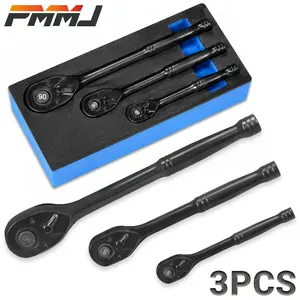 PMMJ 3Pcs Black Ratchet Wrench Set, 1/2" 3/8" 1/4" Drive, 90-Tooth 4-Degree Short Stroke Ratchet with Contour Handle, Black Oxide Finish, Reversible Quick Release Design with EVA Tray, Industrial Tool for DIY & Professional Use, Gift for Men