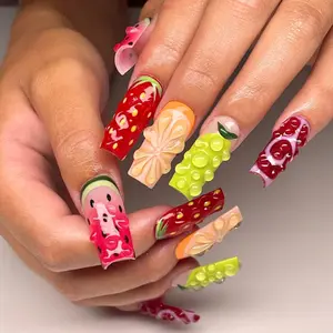 HelenNails - Tropical 3D Fruit Press-On Nails | Vibrant Summer Square Nail Set | Handmade Unique Nail Art - HL201