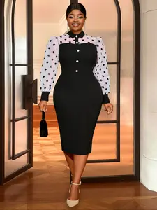 AOMEI Women's Black Lapel Neck Buttons Polka Dot Long Sleeve Patchwork Bodycon Business Party Dress
