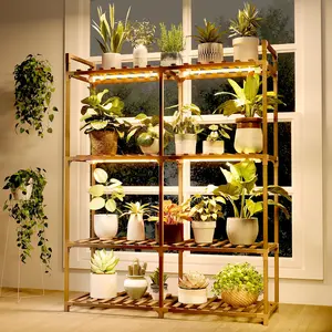 Bamworld 4-Tier Large Plant Stand with Grow Lights for Indoor Plants Carbonized Eucalyptus Wood Shelf Holds 16 Pots Perfect for Patio Living Room Balcony
