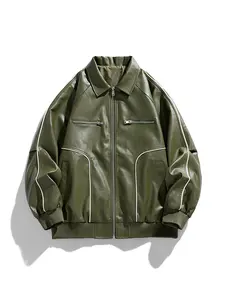 Vintage Cropped Leather Jacket, Oversized Biker Bomber Zip Up Structured Faux Leather Coat, Black Green White Streetwear Fashion Jacket for Men Spring Winter Outfit Trends