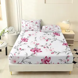 Three-piece Fresh pink flowers pattern printed fitted sheet set (1 fitted sheet + 2 pillowcases, pillow inserts not included), suitable for bedrooms or guest rooms, high-definition printed fitted sheets for home and dormitory use