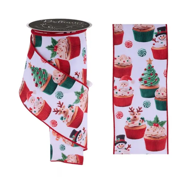 4" x 10yd Christmas Cupcakes Ribbon – White, Red & Green