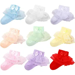 SQ-SOK008 9 Pairs Baby Lace Socks Girls' Ruffle Socks for Newborn Infants Princess Frilly Lace Cotton