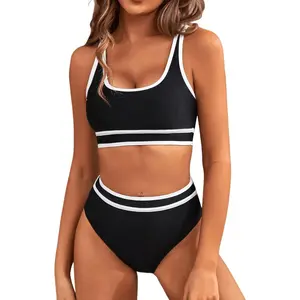 Women's  Halter Bikinis Set, Casual Wireless Swim Top & High Cut Swim Bottom,Adjustable Straps, Elastic Band, Ladies Summer Swimwear for Beach Holiday Vacation, Swimsuit Style Bikini