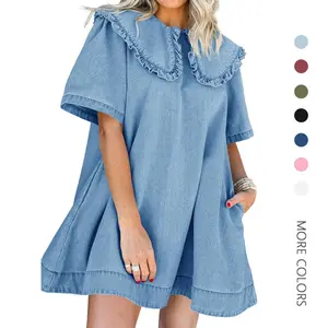 Danedvi Women's Summer Oversized Peter Pan Collar Short-Sleeve Flowy Denim Babydoll Mini Dress, Casual Boho Casual Clothes, Fluffy-Look Lady's Basic Wear, Denim Dresses