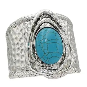 Cowgirl Chic Western Semi Precious Turquoise Howlite Stone Hammered Silver Tone Open Cuff Statement Bracelet, 8"