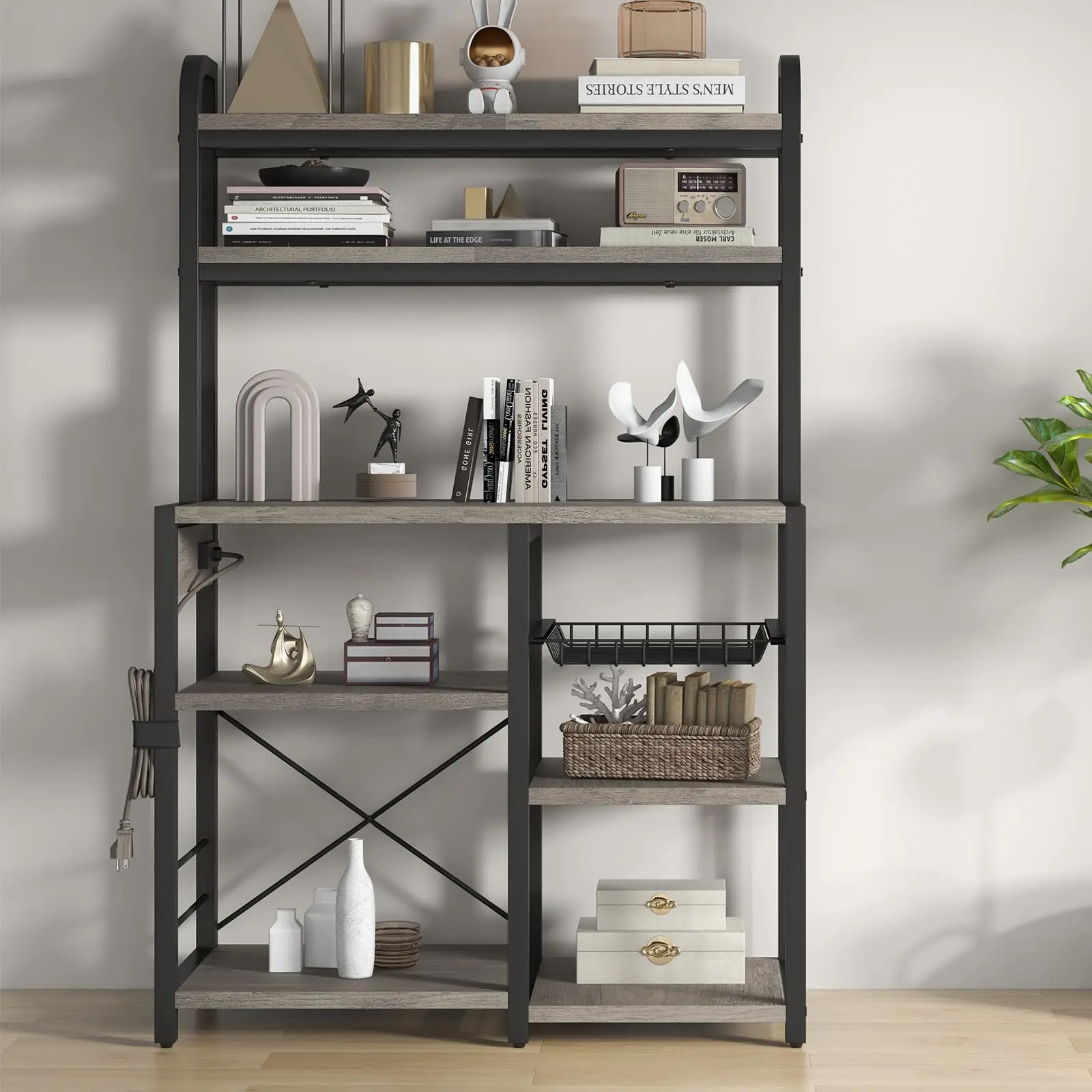 6-Tier Storage Rack, Multifunctional Kitchen Cart with Microwave Stand, Coffee Bar, Wire Drawer & Baker Table for Dining and Living Room