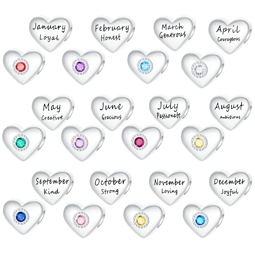Birthstone Heart Charm in 925 Sterling Silver, Engraved Customizable Pendant with CZ Pavé for Bracelets, Personalized Birthday Gift Idea for Women, Birthday Gift Ideas, Girlfriend Birthday Gift