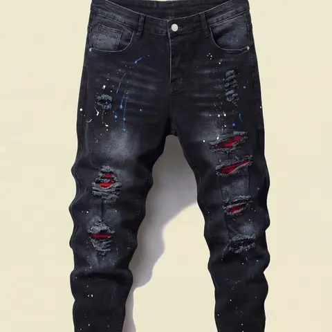 Men's Patchwork Ripped Stretch Skinny Distressed Jeans, Fashion Casual Streetwear Pants for Daily Outdoor Wear, Skinny Fit Bottoms for All Seasons, Ripped Destroyed Jeans