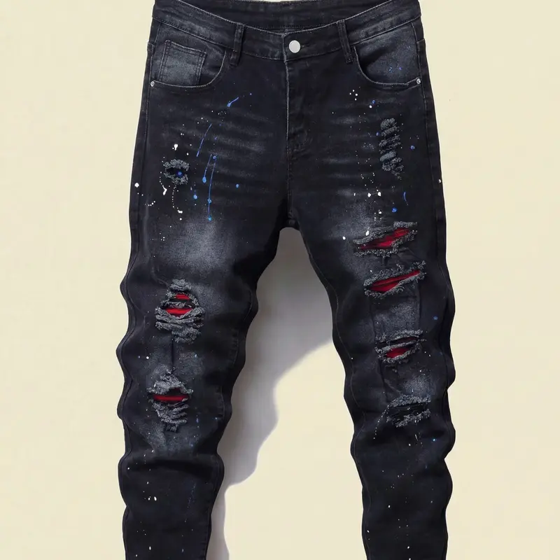 Men's Patchwork Ripped Stretch Skinny Distressed Jeans, Fashion Casual Streetwear Pants for Daily Outdoor Wear, Skinny Fit Bottoms for All Seasons, Ripped Destroyed Jeans