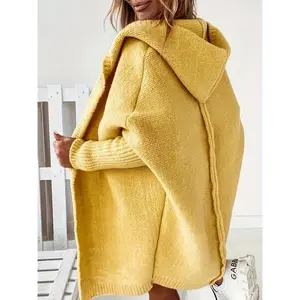 Plus Size Solid Color Hooded Cardigan, Casual Long Sleeve Knitted Cardigan, Women's Plus Size Clothing