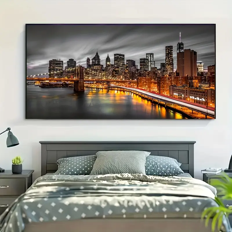 1pc Unframed Large Canvas Poster, Modern Art, New York Manhattan City Wall Art, Brooklyn Bridge Sunset Picture, Black And White Wall Decor, Night View Prints, Cityscape Artwork, Bedroom Living Room Wall Art, Wall Decor, Room Decor
