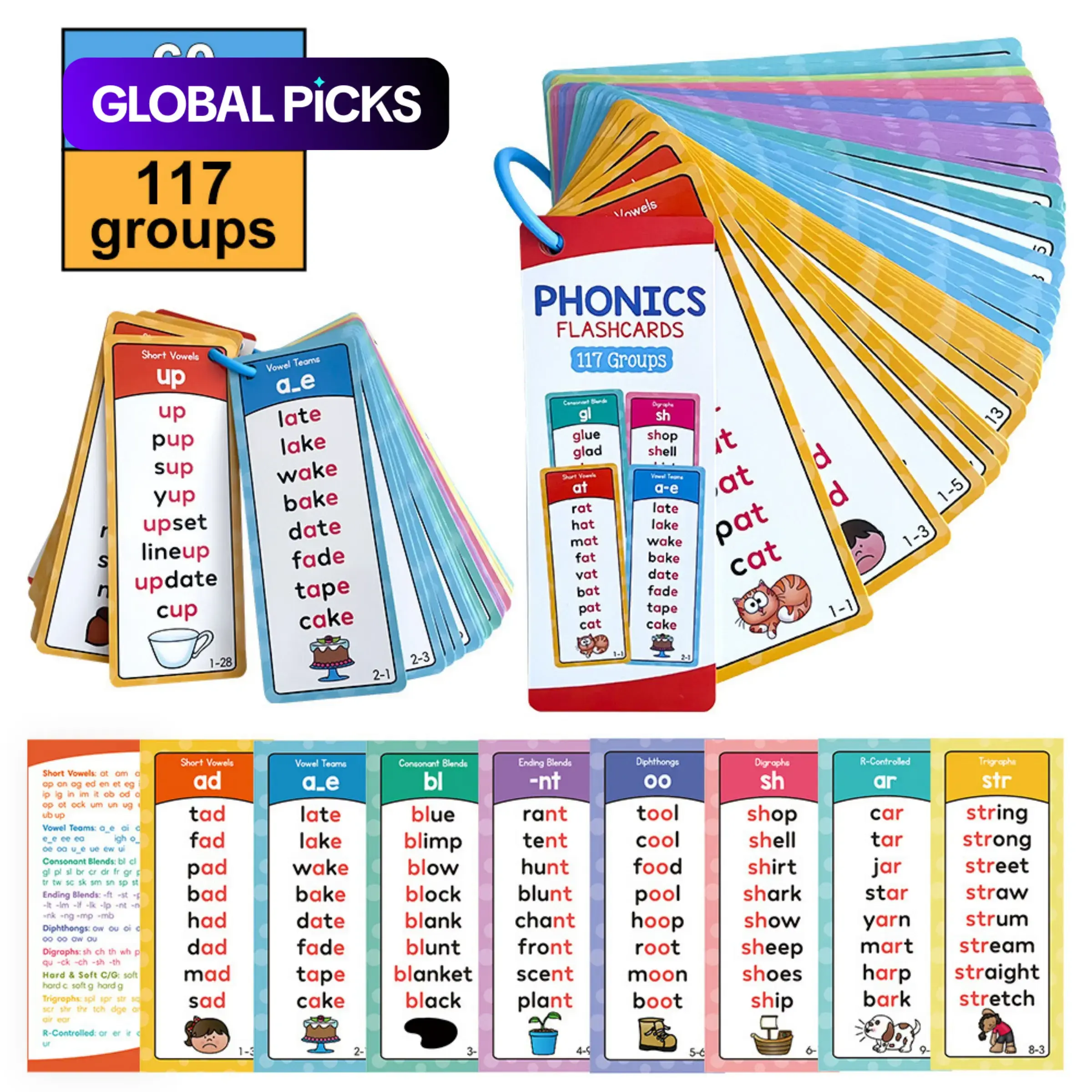 Phonics Word List Card Set, 60pcs/set 117 Groups Pronunciation Word List, Vocabulary Building Aids Teaching Supplies with Over 900 Pronounced Rhyming Words