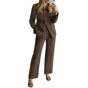 Women’s Two-Piece Set – Autumn Fashion, Business Casual, Long-Sleeve Blazer Jacket + Wide-Leg Pantsuit with Pockets