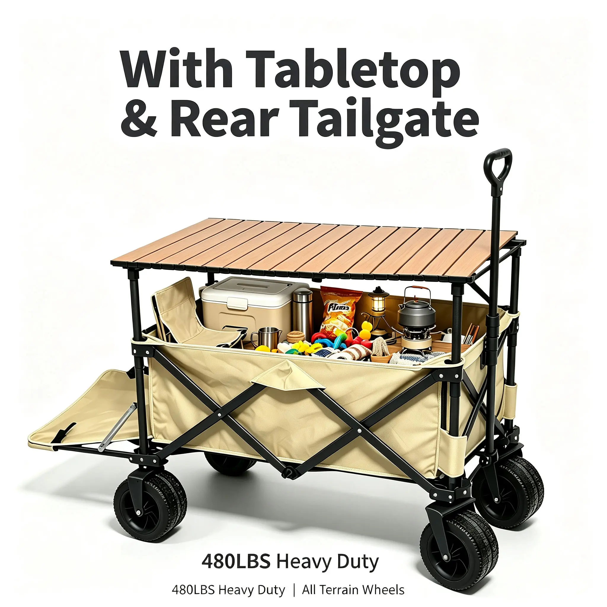 Tabletop Camping Wagon with Rear Tailgate, 480LBS Heavy Duty Foldable Utility Cart All Terrain Wheels for Picnic Beach Garden
