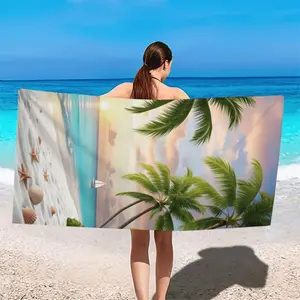 1pc "Tropical Coconut Grove Sunset Sailboat Seashell Starfish Beach Towel - A Summer Vacation Essential!" Themed Beach Towel, Summer Beach Towel, Rectangular Towel, Quick-Drying and Absorbent, Suitable for Outdoor Travel, Beach, Camping, Bathroom