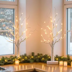 2 Pcs Lighted Birch Tree Battery Powered Tabletop Tree Decorations for Home Fireplace Party Christmas Decorations (22 Inch)