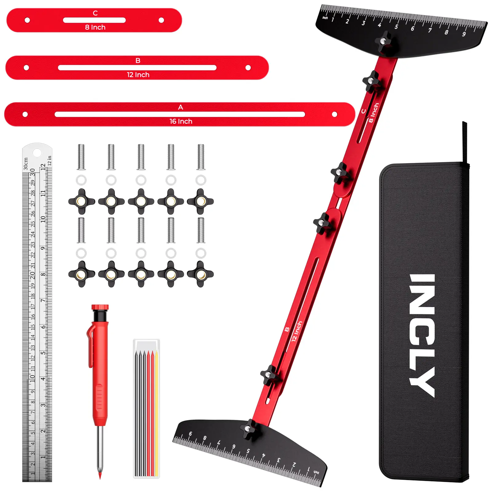 INCLY Stair Tread Template Tool Kit with Carpenter Pencil and Steel Ruler 10.5-60.5'' Adjustable Stair Tread Jig, Aluminum Alloy Stair Measuring Jig, for Accurate Measurement of Stair, Floor, Cabinet
