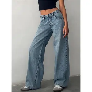 Women'sSolidColorLowRiseBaggyJeansLooseStraightLegBoyfriendCasualWashedDenimPantswithPocketsChicStreetwearBlueCottonBottomsWomenswearTrouser
