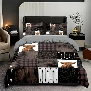 3pcs Plaid & Highland Cow Print, Includes Duvet Cover + Pillowcases, Fits Twin/full/queen/king Sizes, Home Bedroom Decor, Modern Decorative Bedding Set
