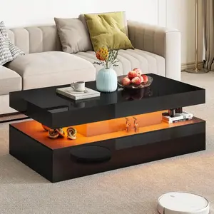 Living Room Coffee Table With LED Light, Modern High Gloss Center Table With Storage
