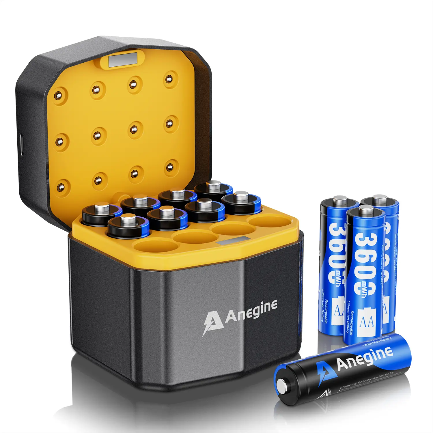 anegine Rechargeable AA Lithium Batteries with 12-Slot Charger, 12-Pack 1.5V 3600mWh Li-ion, 2000+ Cycles, Double A Batteries for Blink Outdoor Camera, Blue