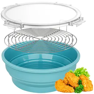 Breader Shaker Bowl with Lid - Collapsible Breading Batter Bowl Silicone with Tray Mess-free Durable Breading Shaker Container & Mixing for Frying Chicken Fish Kitchen Barbecue (Light Blue)