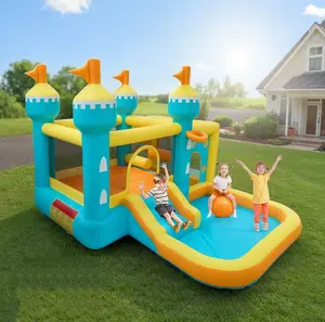 Inflatable Bounce House with 5-in-1 Play Zones, Inflatable Castle Gift with Slide & Pool, FCC & CPC Certified, Blue/Yellow