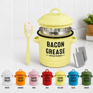 46oz Enamel Oil Keeper - Food-Grade Kitchen Gadget & Utensil with Filter, Tray, Lid, Silicone Spatula, Rustic Farmhouse Stainless Steel Oil Drain Container, Kitchen Gadgets, Utensils