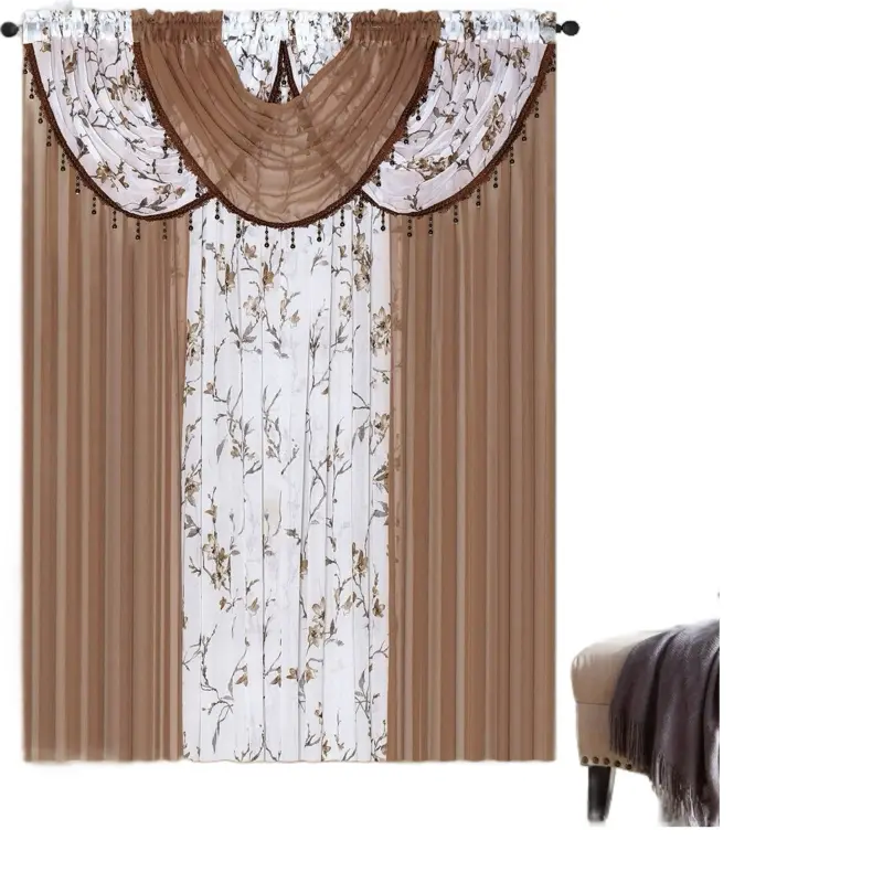 4pcs luxury  sheer curtain with attached valance