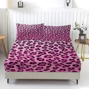 3 Pcs Glitter Pink-Black Leopard Print Fitted Sheet Set, 1 Fitted Sheet & 2 Pillowcases (no filler), Glitter Leopard Pattern, Fits Bedroom/Homestay/Dorm Decor, Ideal for Sweet Style Fans/Students/Couples/Holiday Gifters