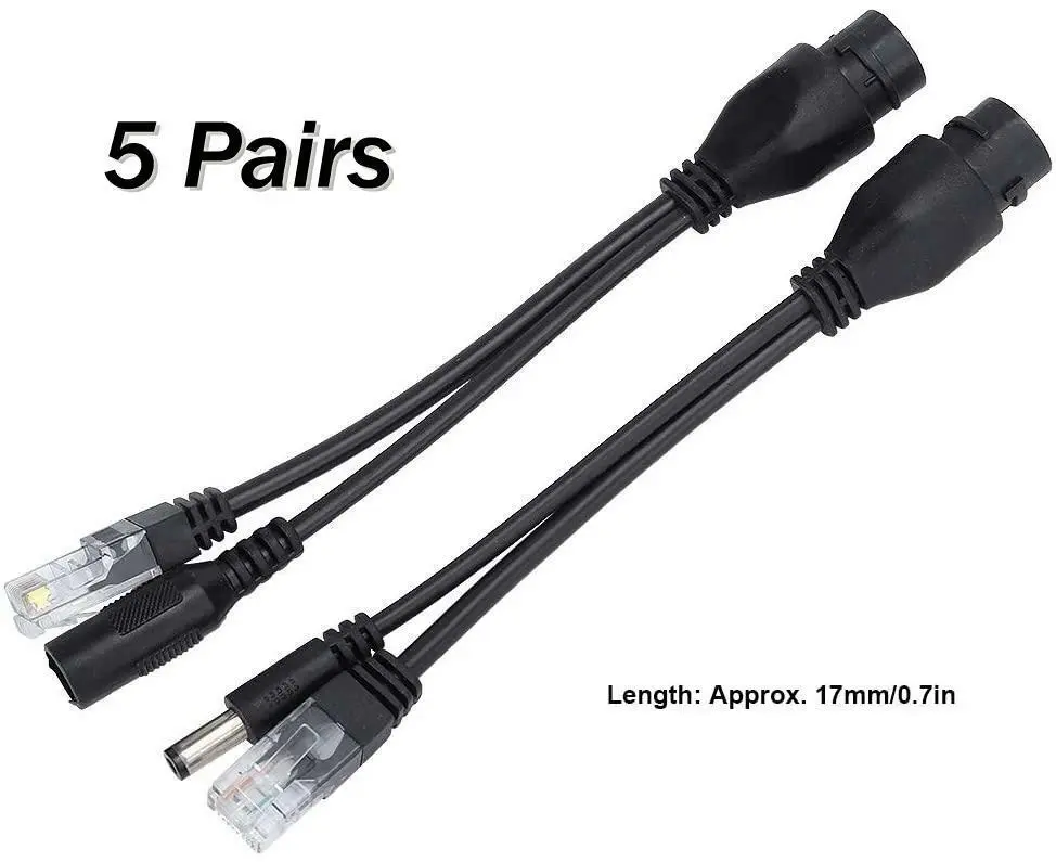5-Pair Passive Power+Data PoE Kit Bulk Pack - Injector & Splitter Standard Kit for IP Camera, Router, Modem, 50V, 30-40M Transmission Range, Universal Brand Compatibility, Office Users