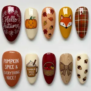 AuréNails - Pumpkin Spice Press On Nails, Hand Painted Fall Press On Nail Set, Cozy Autumn Nails With Fox & Leaves, Fall Aesthetic Press On Nails