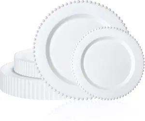 60PCS White Plastic Plates - Fancy Beaded Plates Disposable Heavy Duty - Premium Hard Plastic Plates for Party, Wedding & Birthday Including 30 Dinner Plates 10" & 30 Dessert Plates 7"