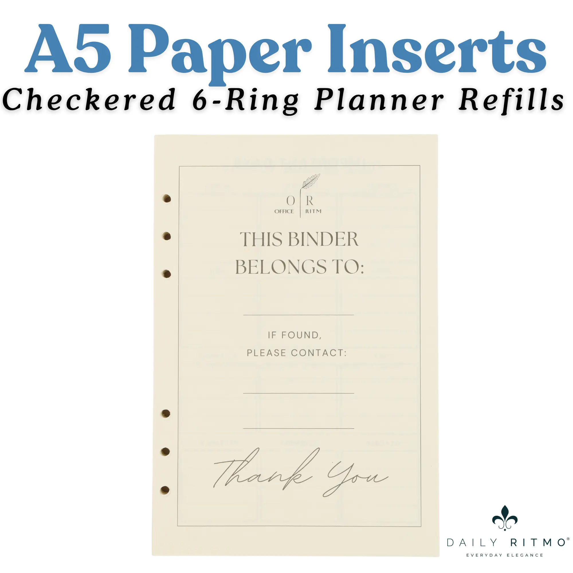 DAILY RITMO A5 6-Ring Planner Refill Paper Inserts for Checkered Leather 6 Hole Binder OFFICE RITM Brand