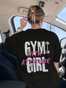 Women's "Gym Girl With Attitude" Dumbbell Graphic Print Oversized Cotton Gym Fitness/Daily Casual Athletic T-Shirt Womenswear