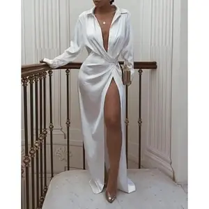 Women's autumn slit long skirt with lace up printed long sleeved dress, high waisted collar, irregular temperament, elegant dress, casual women's clothing