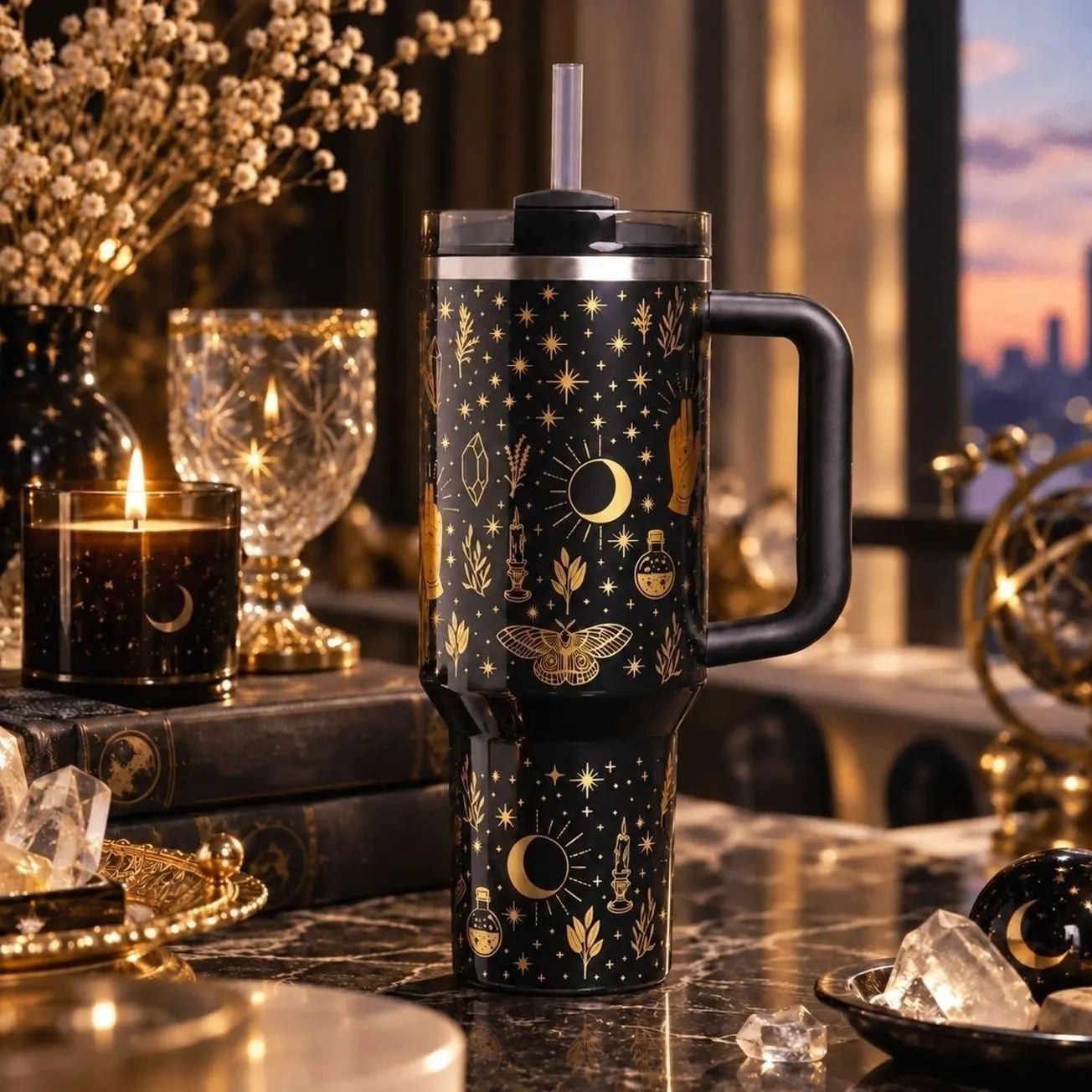 Black Magic Celestial Moon and Stars 40oz Insulated Tumbler with Handle, Black and Gold Stainless Steel Travel Cup