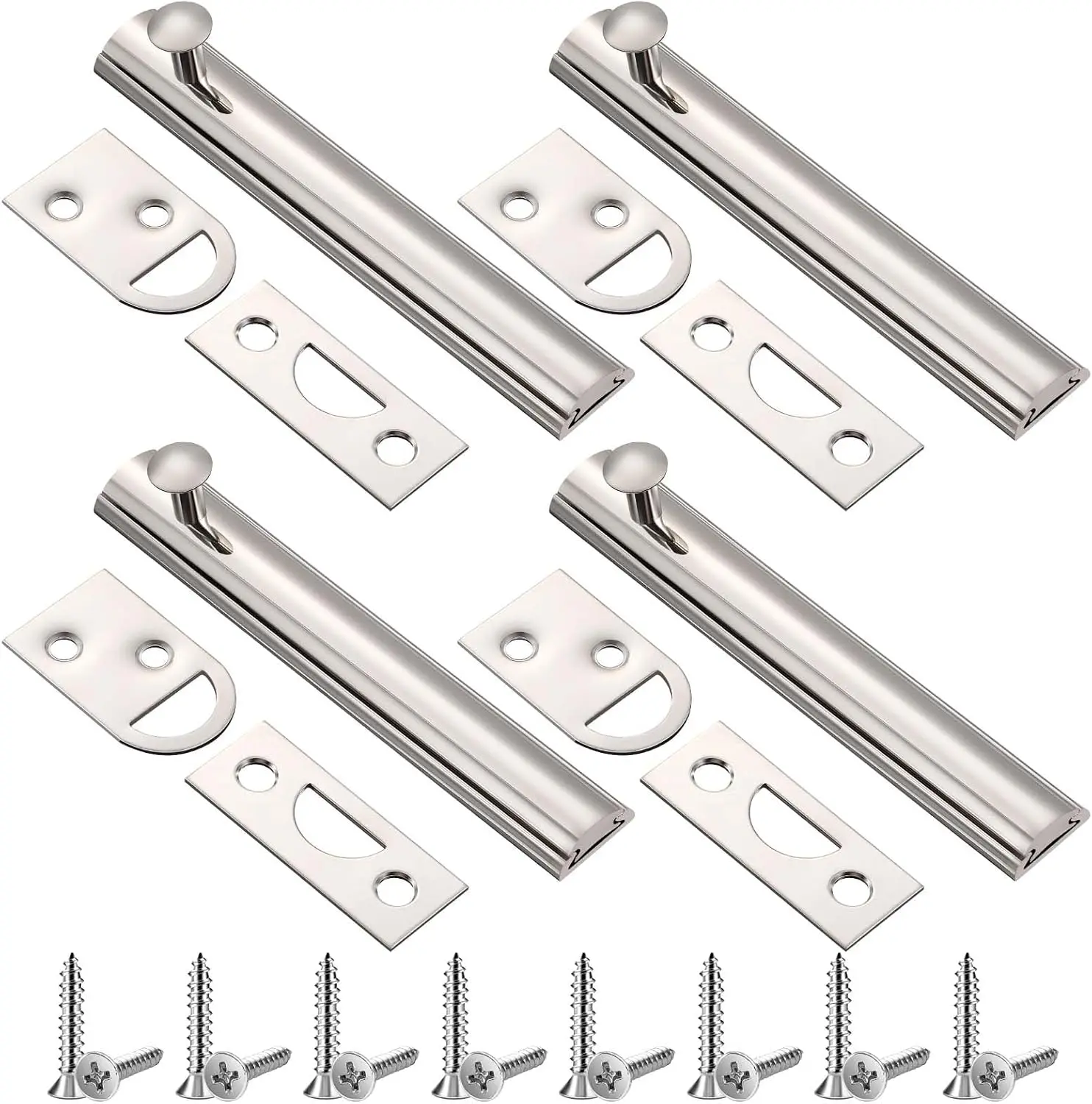 4 Pcs 4-in Solid Brass Surface Slide Latch Anti-Theft Locks with Screws for French Door Tops, Sliding Door Locks, Gates (Silver)